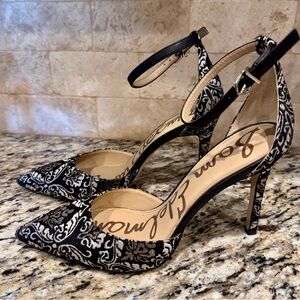 Sam Edelman Harlow Heels | Black Gold Silver Brocade Jacquard | Size 8.5M
